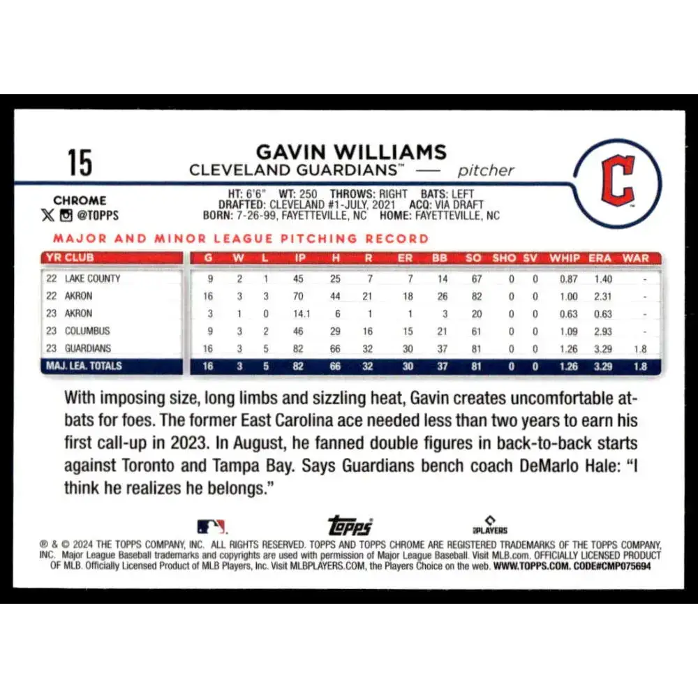 2024 Topps Chrome Refractor Pink #15 Gavin Williams NM-MT RC Rookie Cleveland Guardians Baseball Card