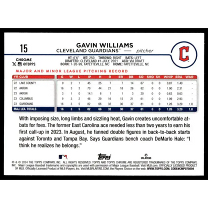 2024 Topps Chrome Refractor Pink #15 Gavin Williams NM-MT RC Rookie Cleveland Guardians Baseball Card