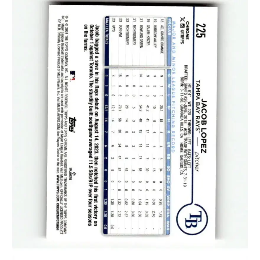 2024 Topps Chrome Refractor Pink #225 Jacob Lopez NM-MT RC Rookie Tampa Bay Rays Baseball Card