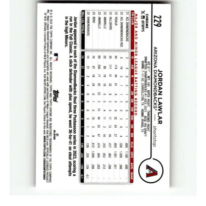 2024 Topps Chrome Refractor Pink #229 Jordan Lawlar NM-MT RC Rookie Arizona Diamondbacks Baseball Card