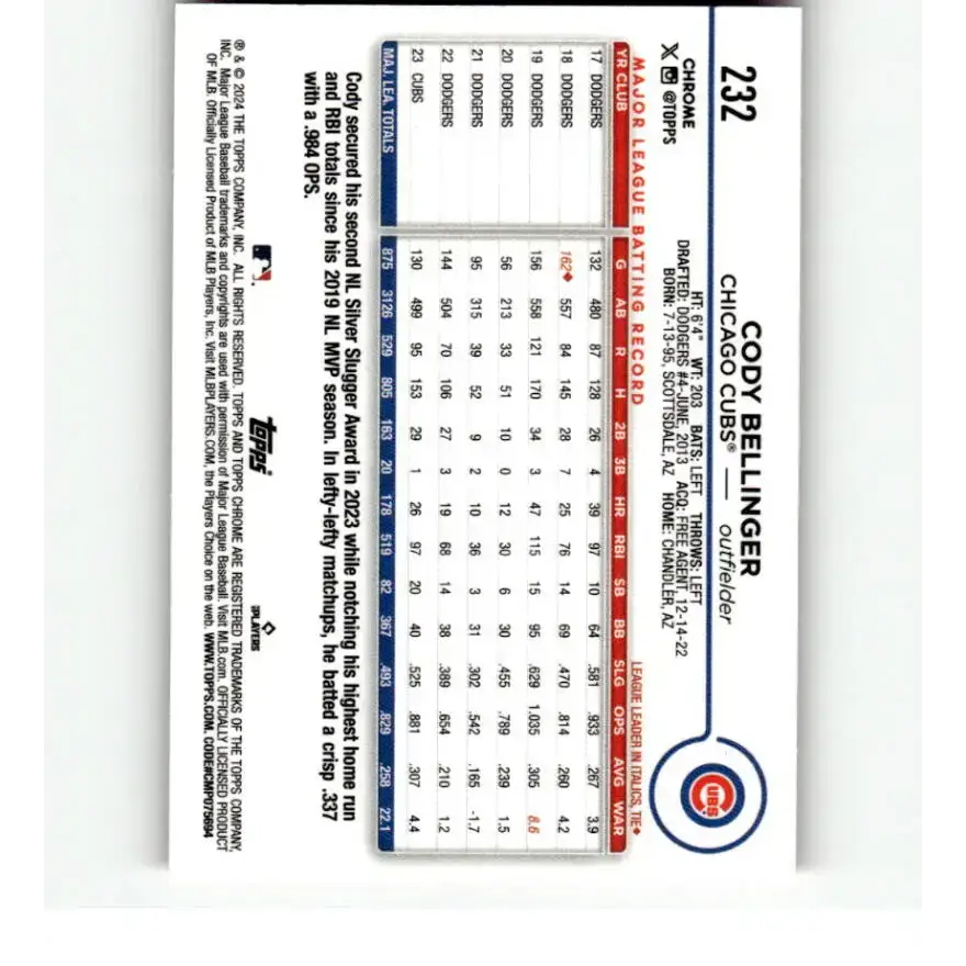 2024 Topps Chrome Refractor Pink #232 Cody Bellinger NM-MT Chicago Cubs Baseball Card