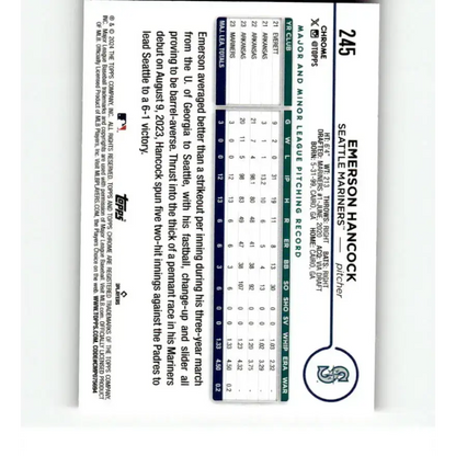 2024 Topps Chrome Refractor Pink #245 Emerson Hancock NM-MT RC Rookie Seattle Mariners Baseball Card