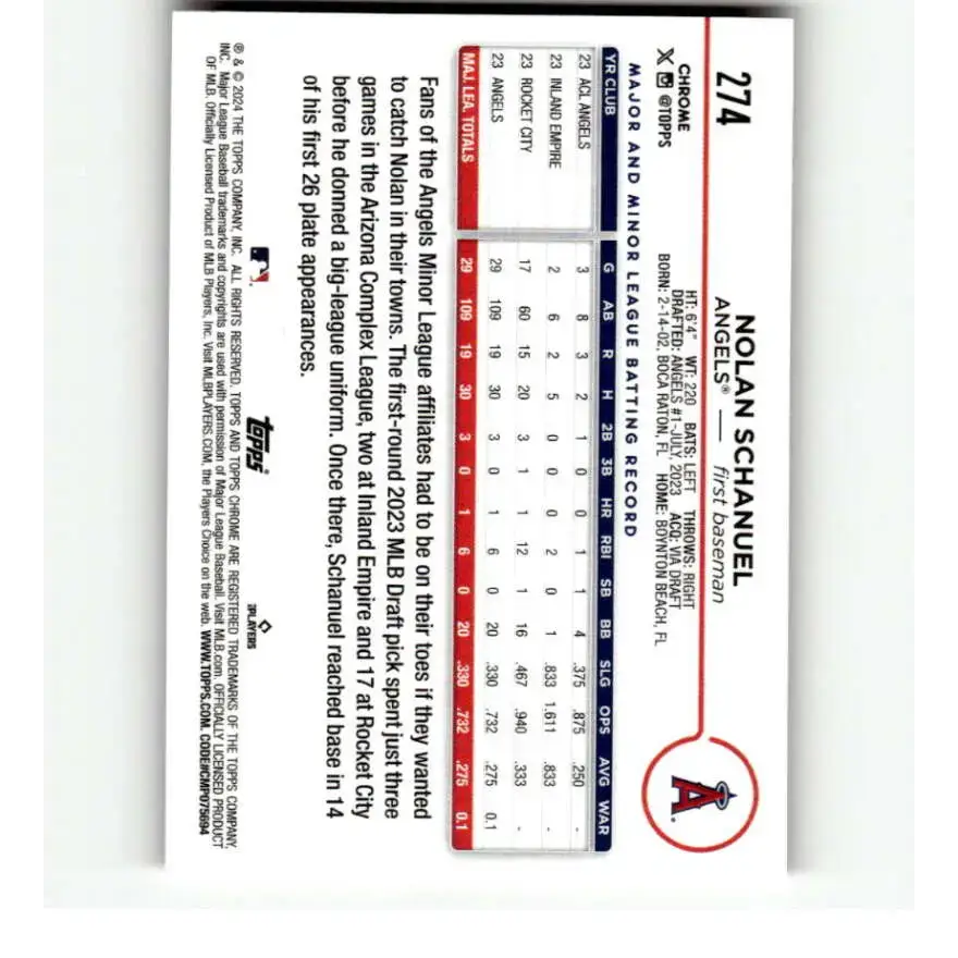 2024 Topps Chrome Refractor Pink #274 Nolan Schanuel NM-MT RC Rookie Los Angeles Angels Baseball Card