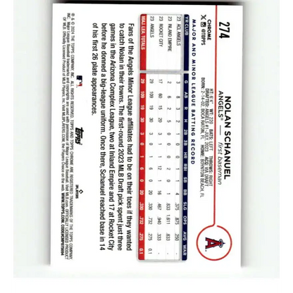 2024 Topps Chrome Refractor Pink #274 Nolan Schanuel NM-MT RC Rookie Los Angeles Angels Baseball Card