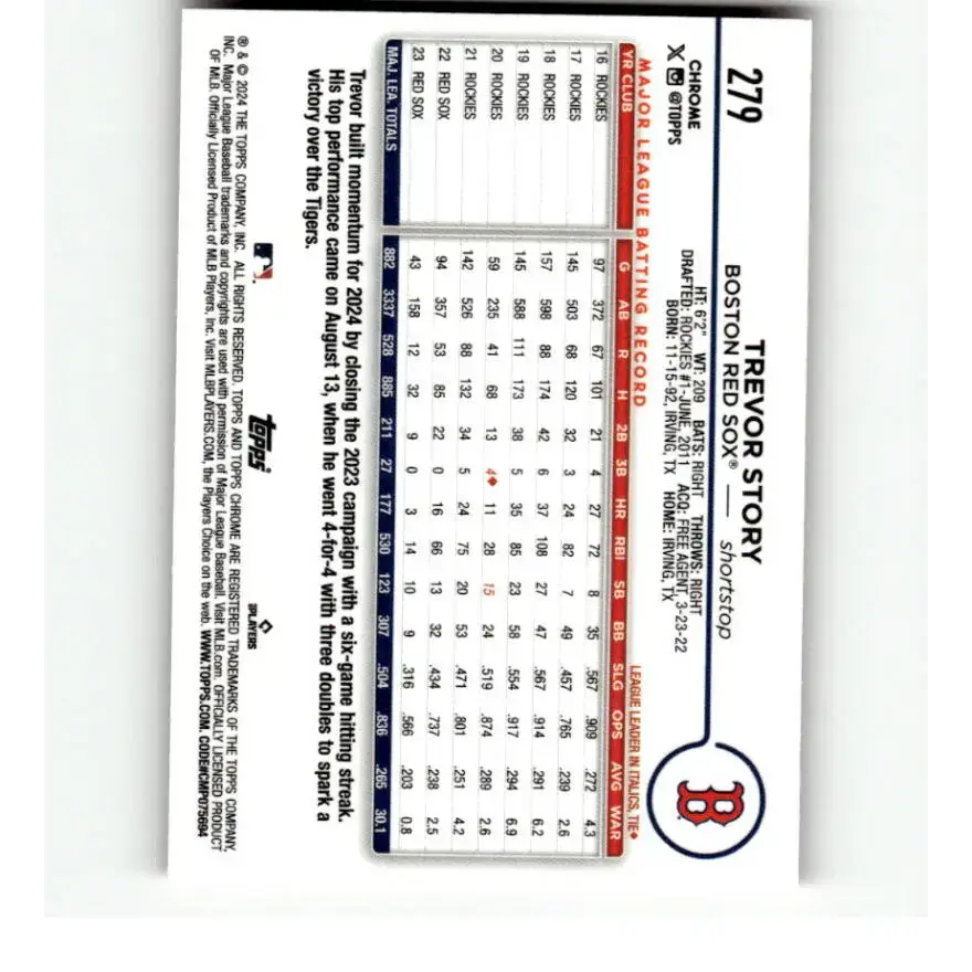 2024 Topps Chrome Refractor Pink #279 Trevor Story NM-MT Boston Red Sox Baseball Card