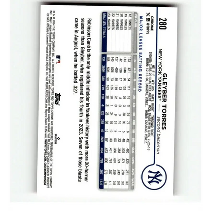 2024 Topps Chrome Refractor Pink #280 Gleyber Torres NM-MT New York Yankees Baseball Card