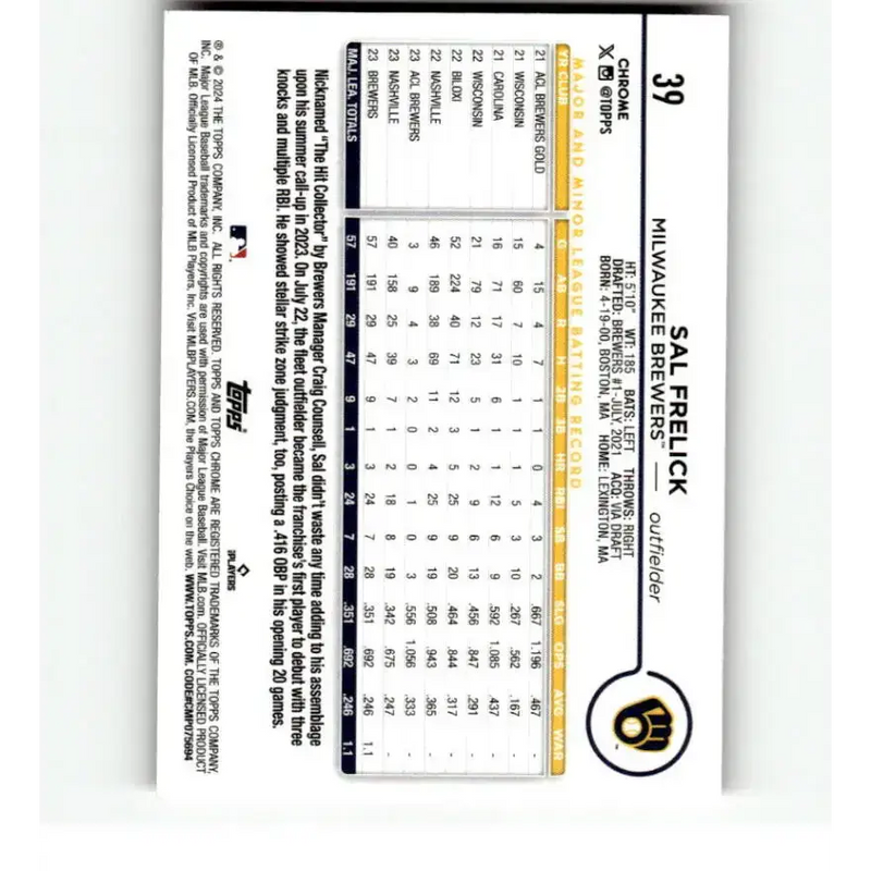 2024 Topps Chrome Refractor Pink #39 Sal Frelick NM-MT RC Rookie Milwaukee Brewers Baseball Card - Baseball Card Single