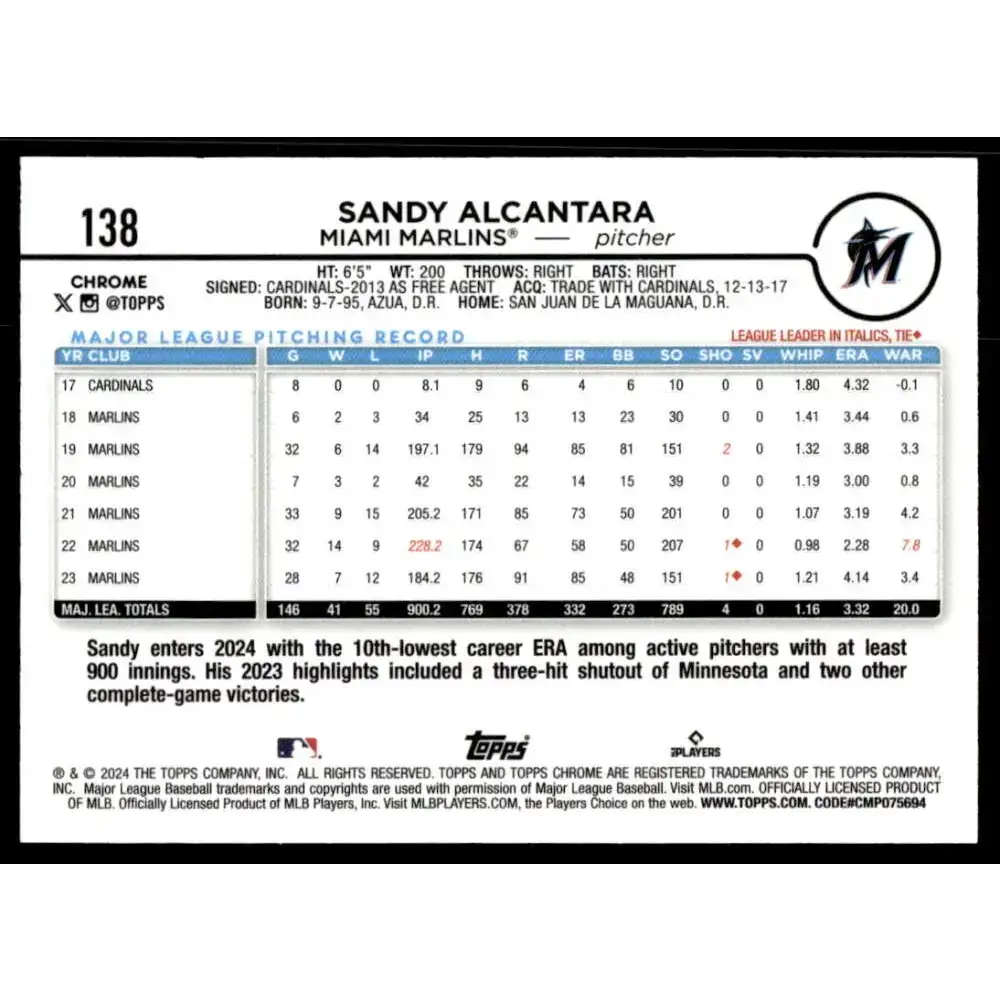 2024 Topps Chrome Refractor Prism #138 Sandy Alcantara NM-MT Miami Marlins Baseball Card - Baseball Card Single