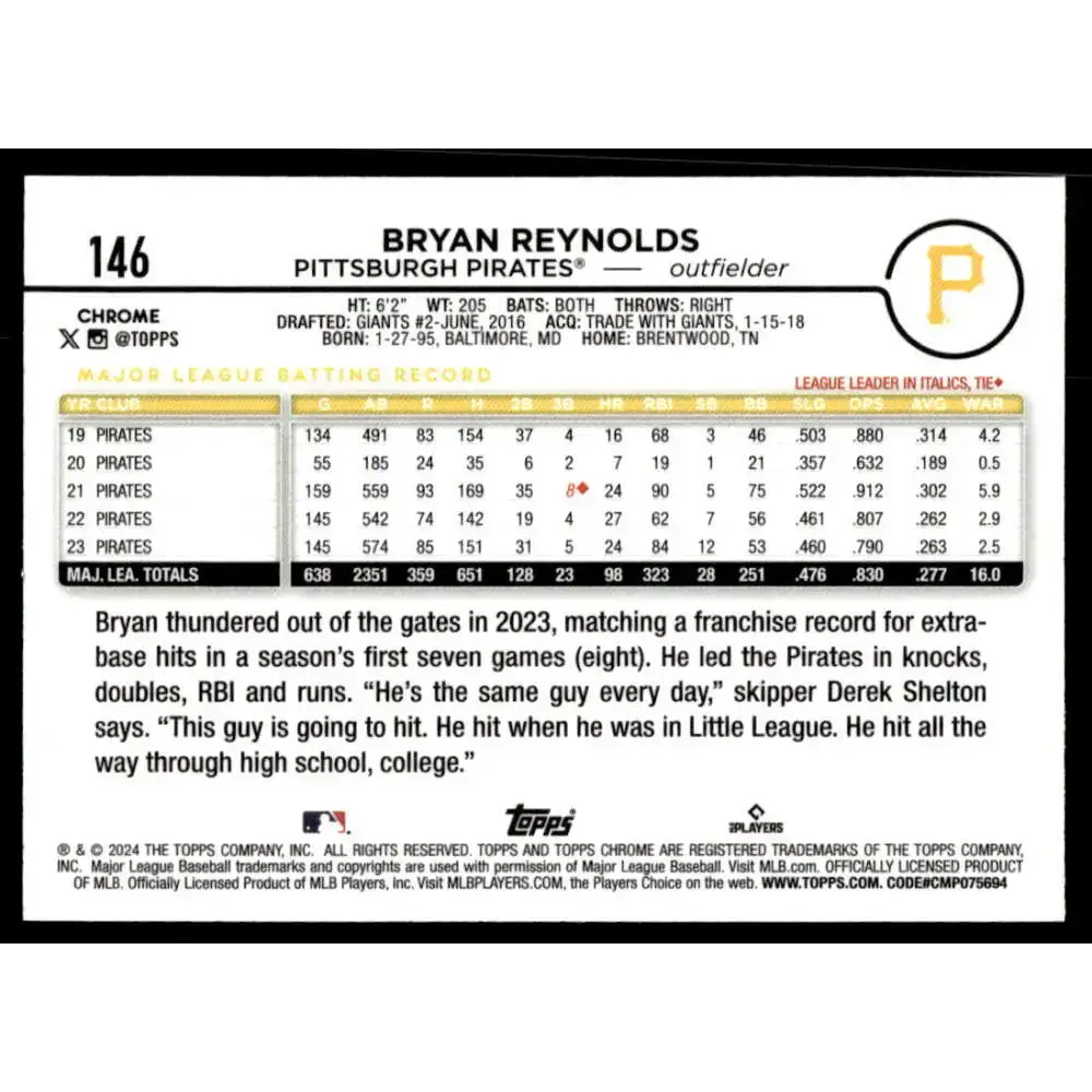 2024 Topps Chrome Refractor Prism #146 Bryan Reynolds NM-MT Pittsburgh Pirates Baseball Card - Baseball Card Single