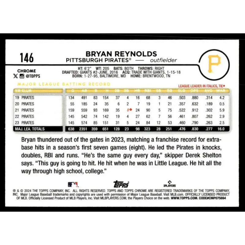 2024 Topps Chrome Refractor Prism #146 Bryan Reynolds NM-MT Pittsburgh Pirates Baseball Card - Baseball Card Single