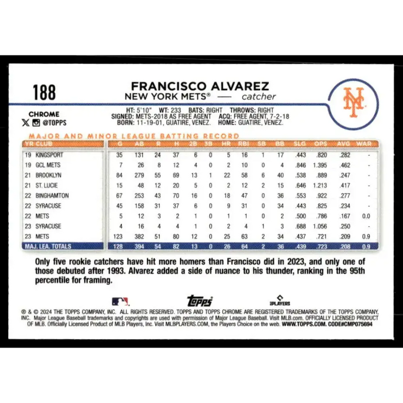 2024 Topps Chrome Refractor Prism #188 Francisco Alvarez NM-MT New York Mets Baseball Card - Baseball Card Single