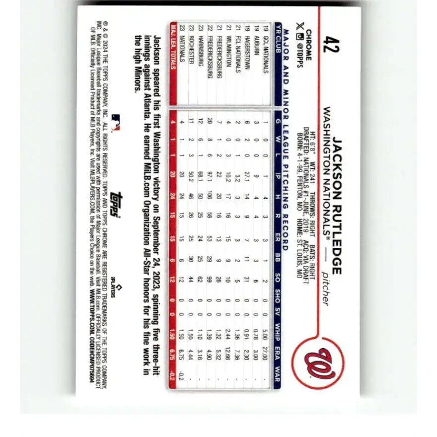 2024 Topps Chrome Refractor Prism #42 Jackson Rutledge NM-MT RC Rookie Washington Nationals Baseball Card