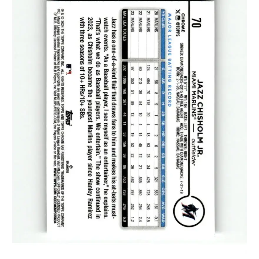 2024 Topps Chrome Refractor Prism #70 Jazz Chisholm Jr. NM-MT Miami Marlins Baseball Card