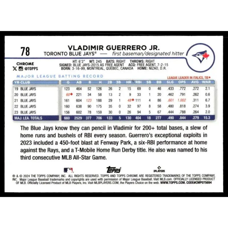 2024 Topps Chrome Refractor Prism #78 Vladimir Guerrero Jr. NM-MT Toronto Blue Jays Baseball Card - Baseball Card Single