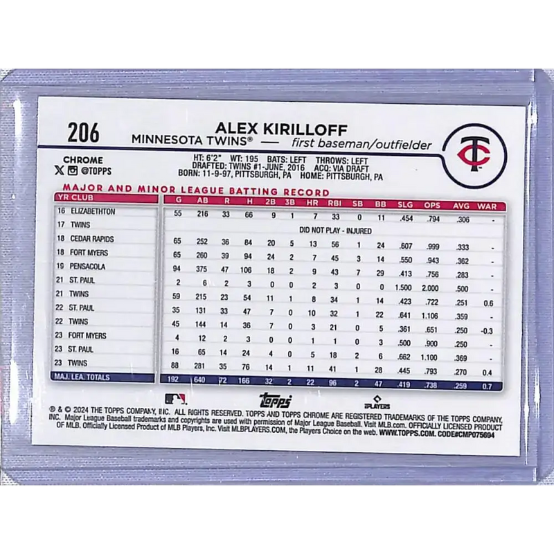 2024 Topps Chrome Refractor Purple Speckle #206 Alex Kirilloff NM-MT 194/299 Minnesota Twins - Baseball Card Single