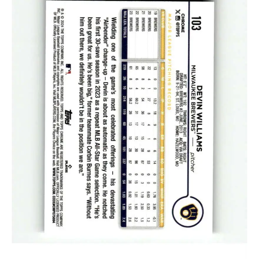 2024 Topps Chrome Refractor RayWave #103 Devin Williams NM-MT Milwaukee Brewers Baseball Card