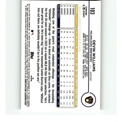 2024 Topps Chrome Refractor RayWave #103 Devin Williams NM-MT Milwaukee Brewers Baseball Card