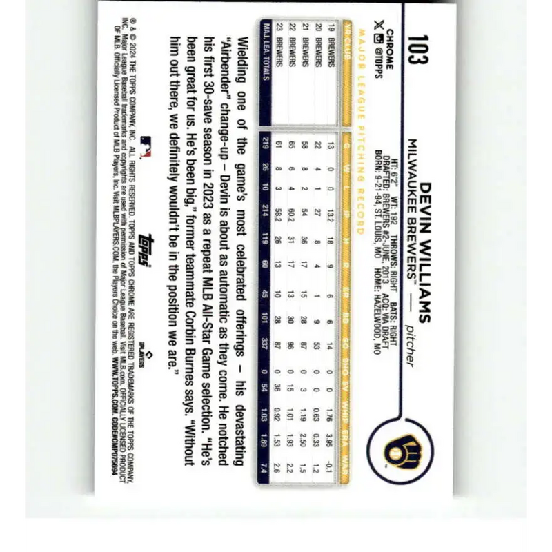 2024 Topps Chrome Refractor RayWave #103 Devin Williams NM-MT Milwaukee Brewers Baseball Card - Baseball Card Single