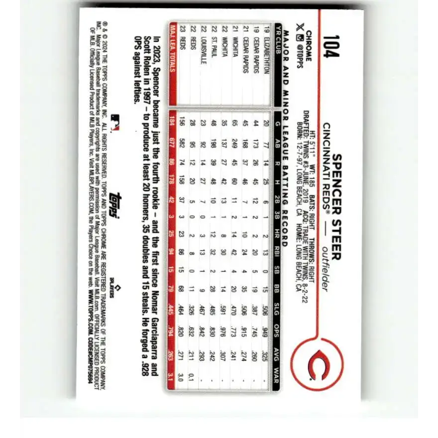 2024 Topps Chrome Refractor RayWave #104 Spencer Steer NM-MT Cincinnati Reds Baseball Card