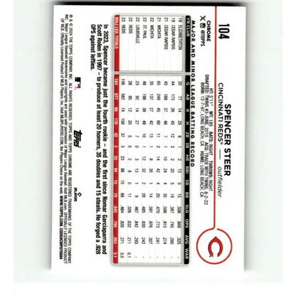 2024 Topps Chrome Refractor RayWave #104 Spencer Steer NM-MT Cincinnati Reds Baseball Card