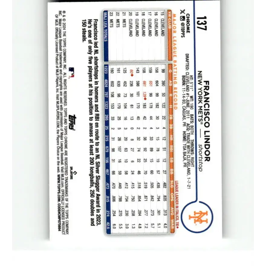 2024 Topps Chrome Refractor RayWave #137 Francisco Lindor NM-MT New York Mets Baseball Card