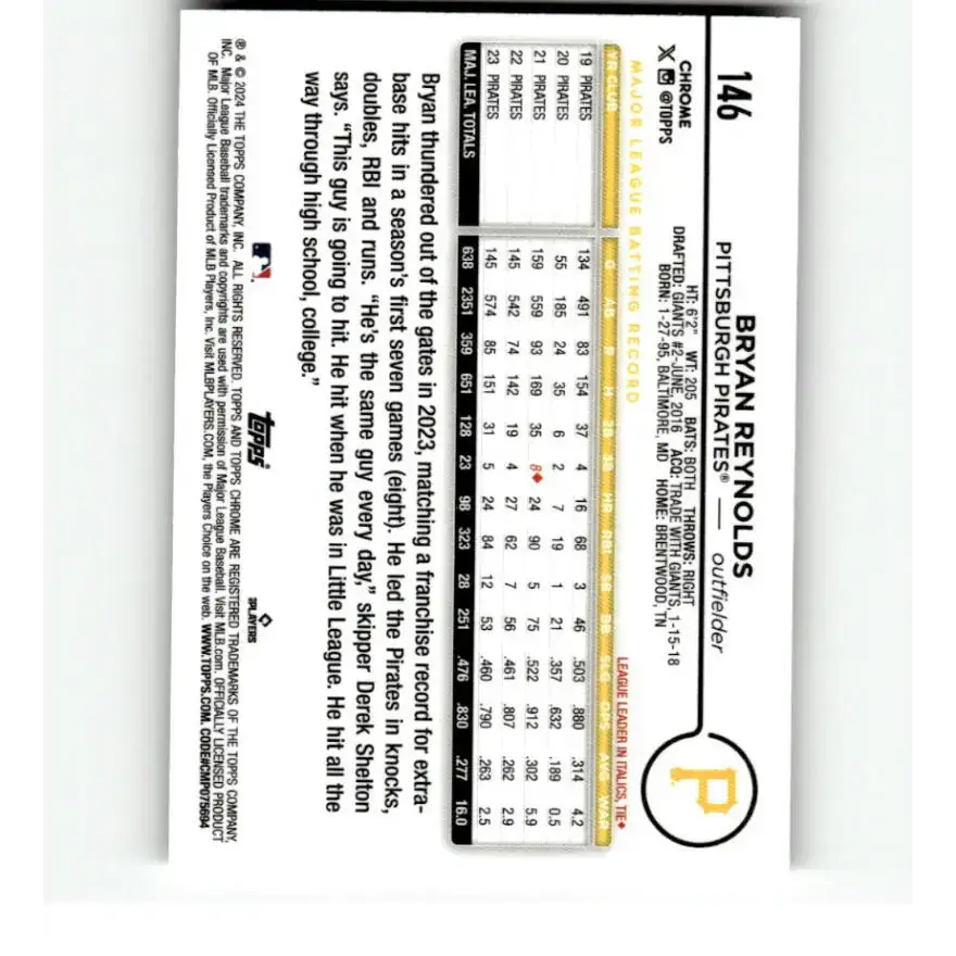 2024 Topps Chrome Refractor RayWave #146 Bryan Reynolds NM-MT Pittsburgh Pirates Baseball Card