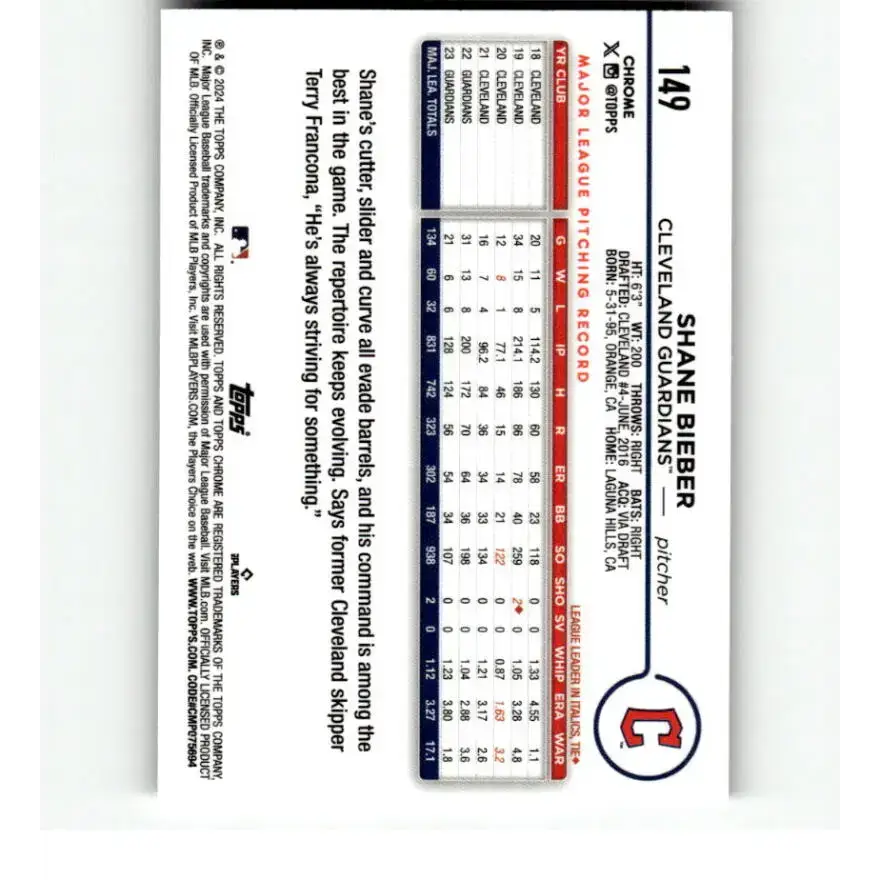 2024 Topps Chrome Refractor RayWave #149 Shane Bieber NM-MT Cleveland Guardians Baseball Card