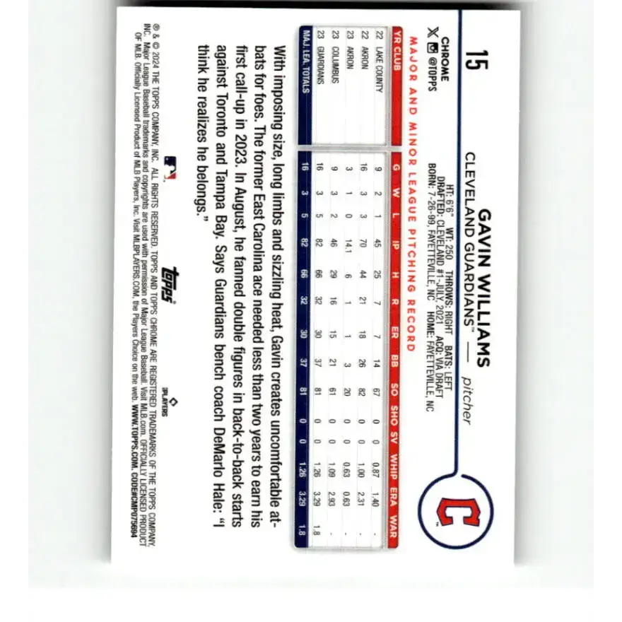 2024 Topps Chrome Refractor RayWave #15 Gavin Williams NM-MT RC Rookie Cleveland Guardians Baseball Card