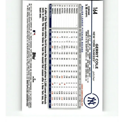 2024 Topps Chrome Refractor RayWave #164 Gerrit Cole NM-MT New York Yankees Baseball Card