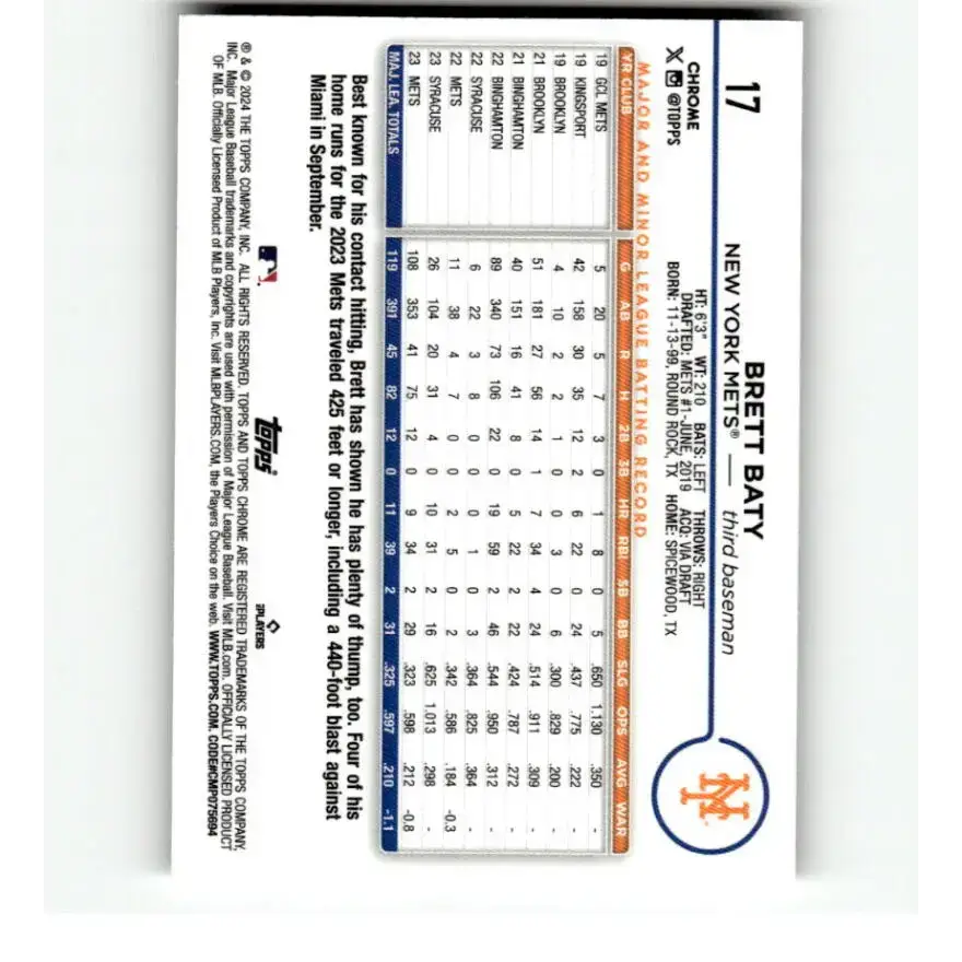 2024 Topps Chrome Refractor RayWave #17 Brett Baty NM-MT New York Mets Baseball Card