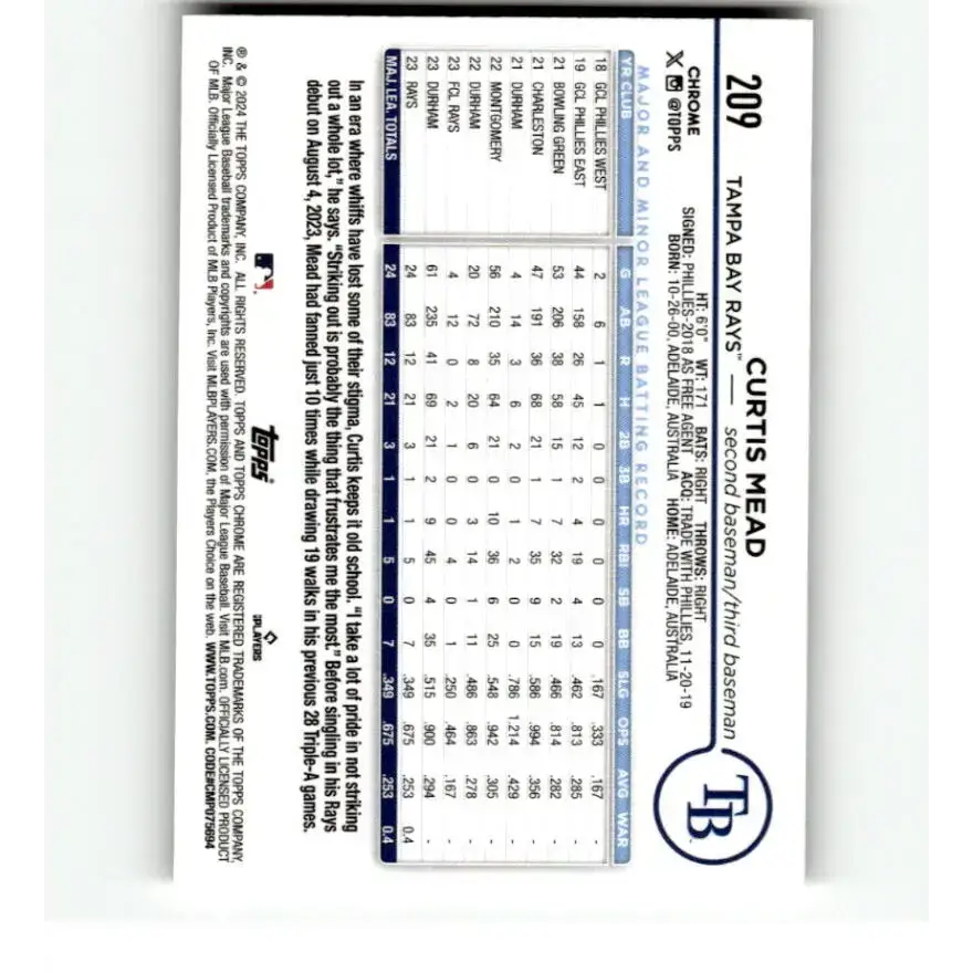 2024 Topps Chrome Refractor RayWave #209 Curtis Mead NM-MT RC Rookie Tampa Bay Rays Baseball Card