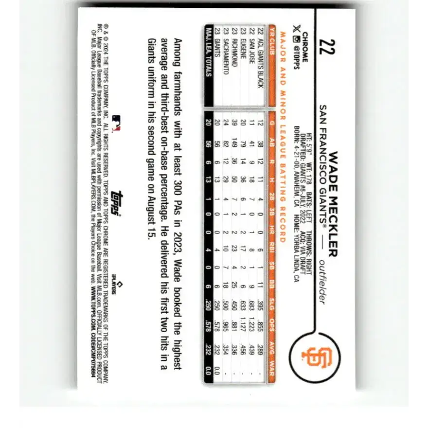 2024 Topps Chrome Refractor RayWave #22 Wade Meckler NM-MT RC Rookie San Francisco Giants Baseball Card