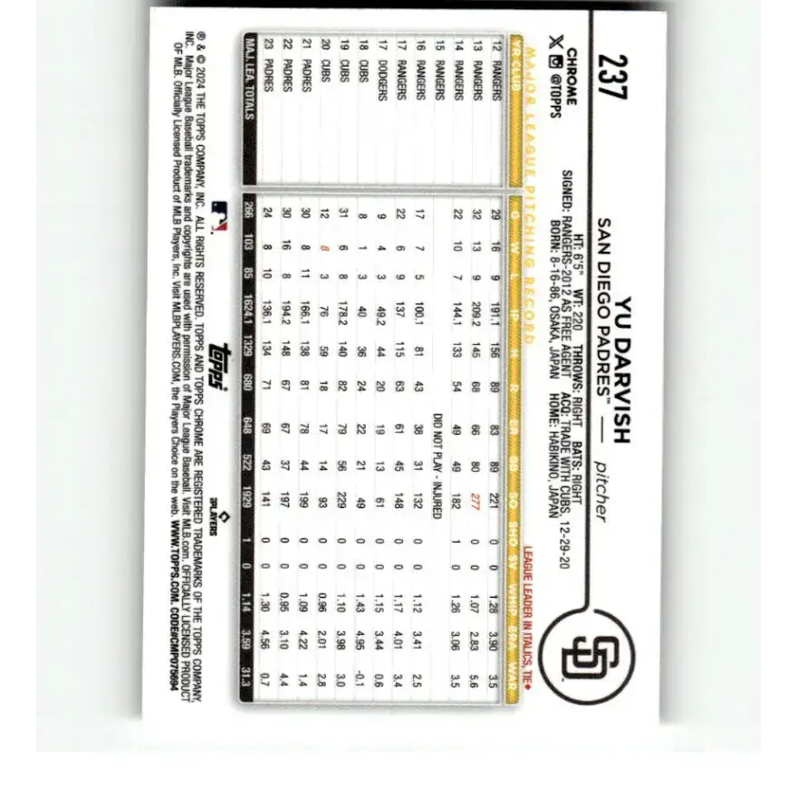 2024 Topps Chrome Refractor RayWave #237 Yu Darvish NM-MT San Diego Padres Baseball Card