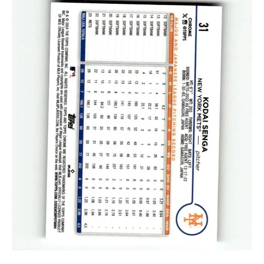 2024 Topps Chrome Refractor RayWave #31 Kodai Senga NM-MT New York Mets Baseball Card