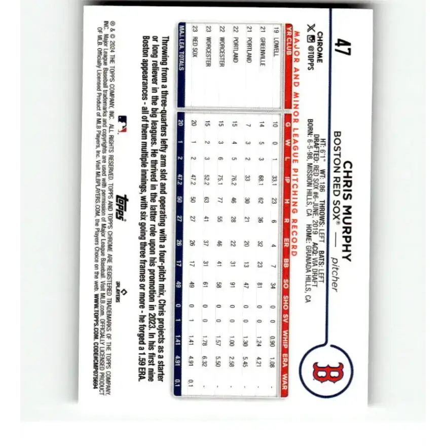 2024 Topps Chrome Refractor RayWave #47 Chris Murphy NM-MT RC Rookie Boston Red Sox Baseball Card