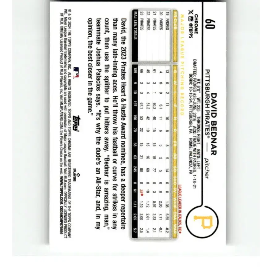 2024 Topps Chrome Refractor RayWave #60 David Bednar NM-MT Pittsburgh Pirates Baseball Card