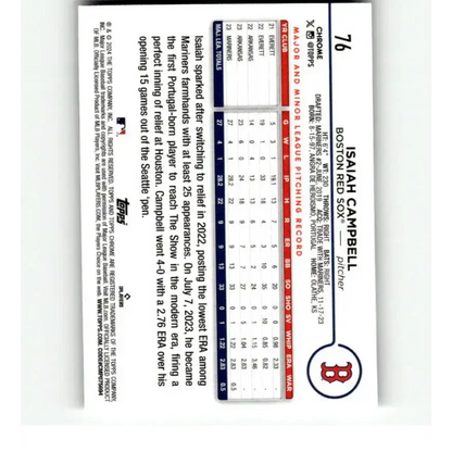 2024 Topps Chrome Refractor RayWave #76 Isaiah Campbell NM-MT RC Rookie Boston Red Sox Baseball Card