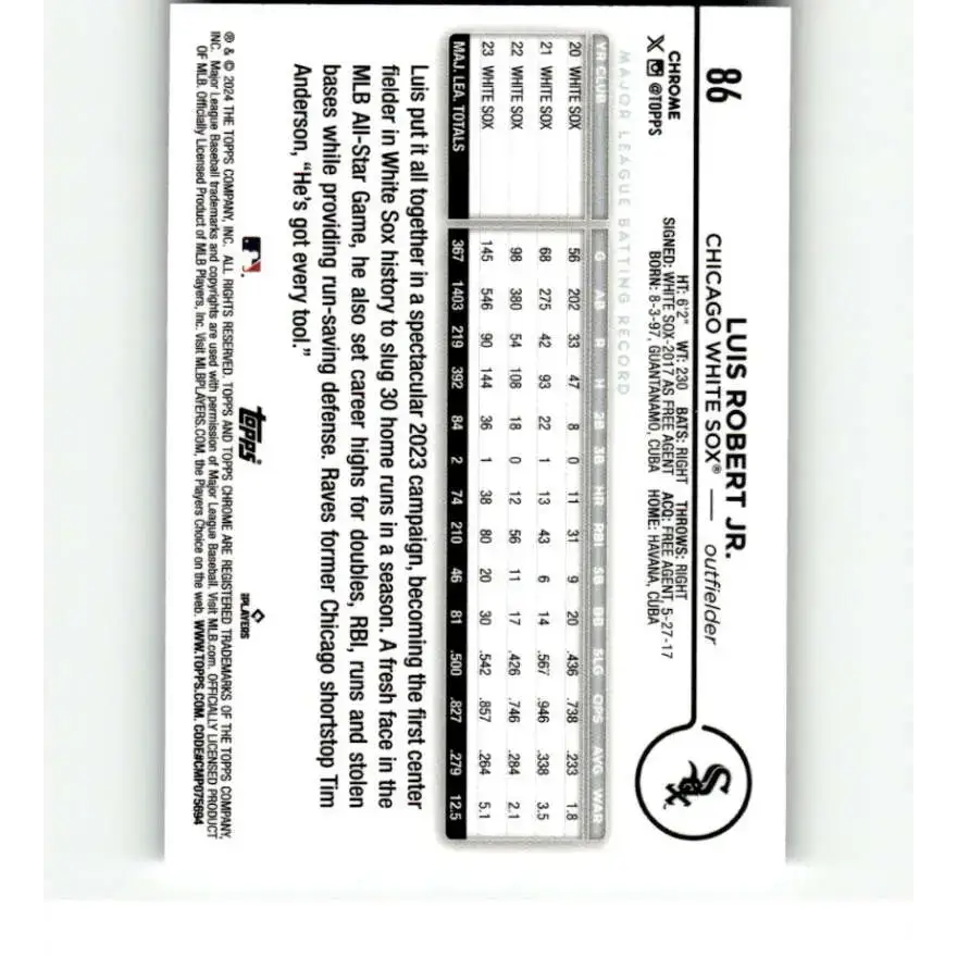 2024 Topps Chrome Refractor RayWave #86 Luis Robert Jr. NM-MT Chicago White Sox Baseball Card