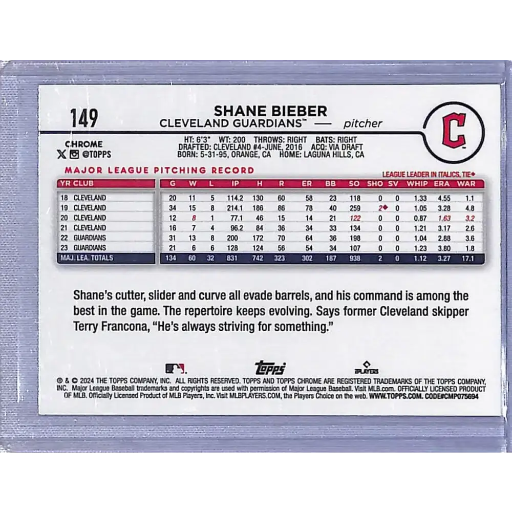 2024 Topps Chrome Refractor RayWave Aqua #149 Shane Bieber NM-MT 028/199 Cleveland Guardians - Baseball Card Single
