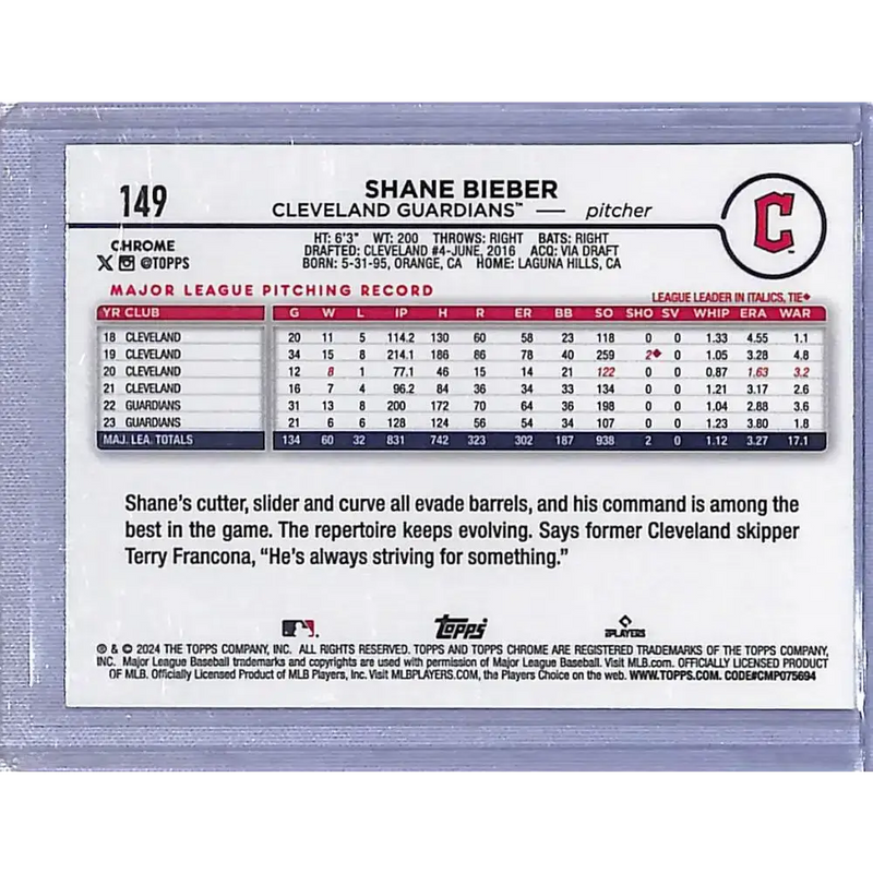 2024 Topps Chrome Refractor RayWave Aqua #149 Shane Bieber NM-MT 028/199 Cleveland Guardians - Baseball Card Single