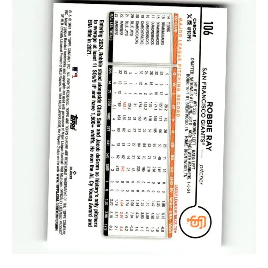 2024 Topps Chrome Refractor Sepia #106 Robbie Ray NM-MT San Francisco Giants Baseball Card - Baseball Card