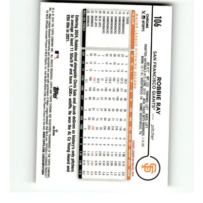 2024 Topps Chrome Refractor Sepia #106 Robbie Ray NM-MT San Francisco Giants Baseball Card - Baseball Card