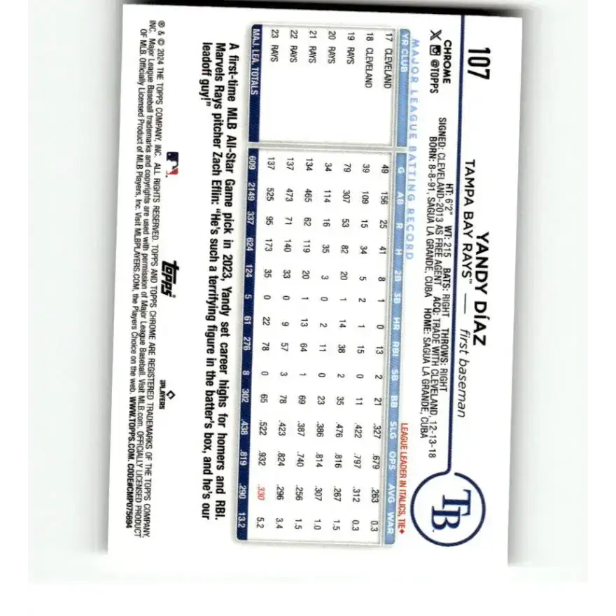 2024 Topps Chrome Refractor Sepia #107 Yandy Diaz NM-MT Tampa Bay Rays Baseball Card - Baseball Card