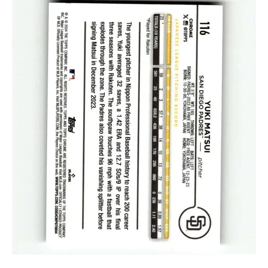 2024 Topps Chrome Refractor Sepia #116 Yuki Matsui NM-MT RC Rookie San Diego Padres Baseball Card