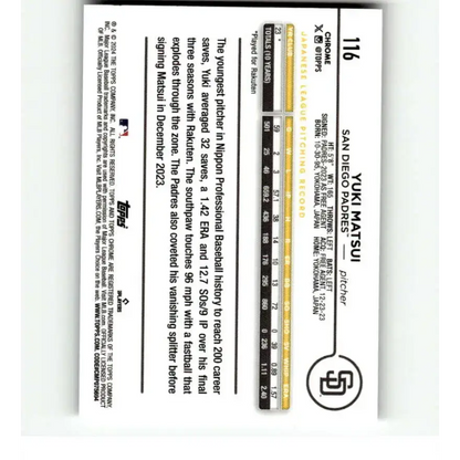 2024 Topps Chrome Refractor Sepia #116 Yuki Matsui NM-MT RC Rookie San Diego Padres Baseball Card