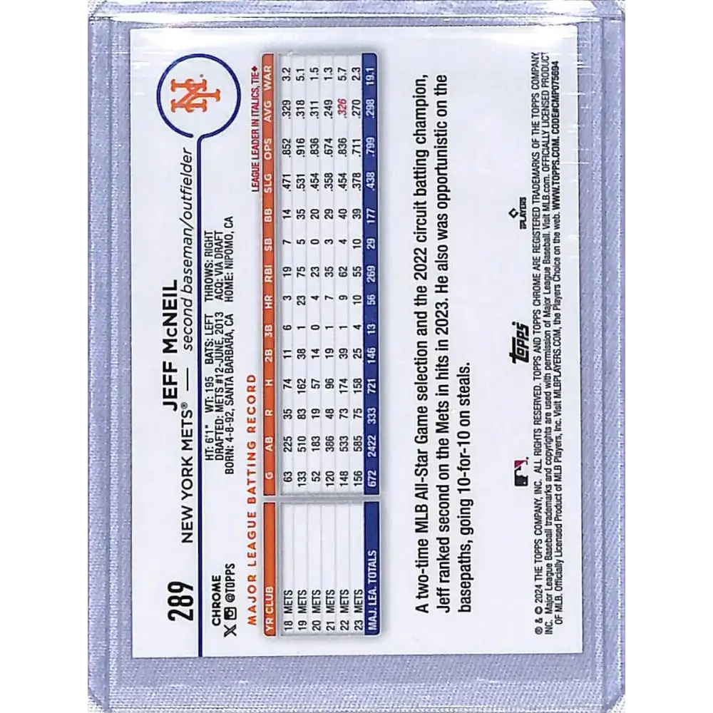 2024 Topps Chrome Refractor Sonar Blue #289 Jeff McNeil NM-MT 023/125 New York Mets Baseball Card