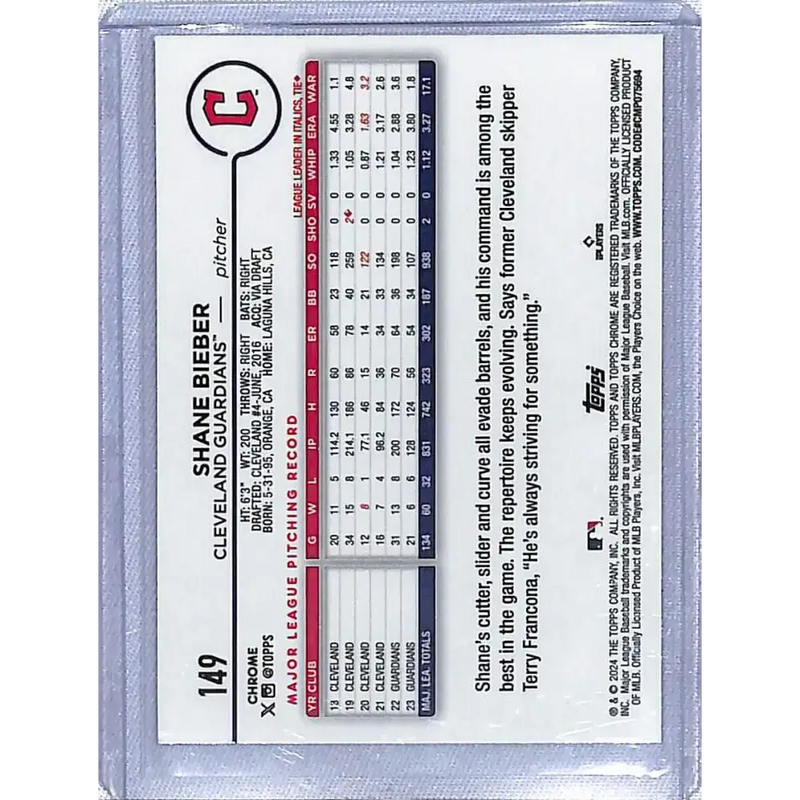 2024 Topps Chrome Refractor Sonar Purple #149 Shane Bieber NM-MT 261/275 Cleveland Guardians Baseball Card - Baseball