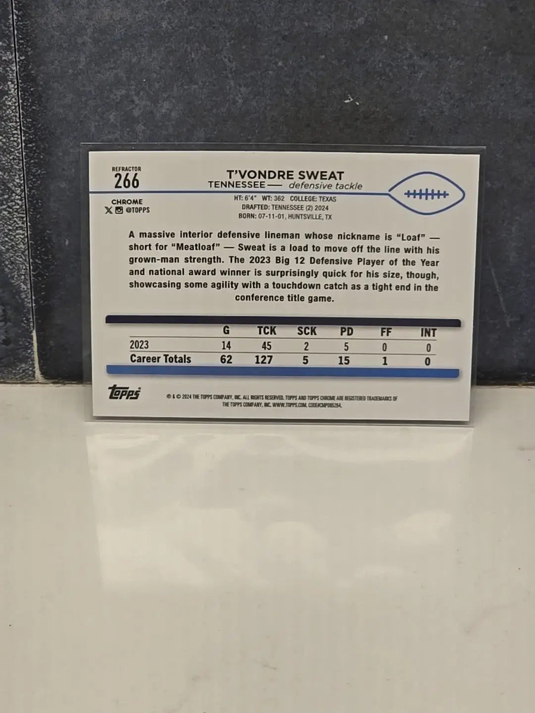 2024 Topps Chrome Refractor T’Vondre Sweat RC Tennessee Titans #266 - Football Card Single