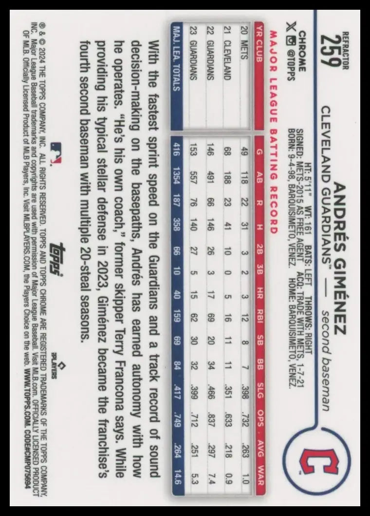 2024 Topps Chrome - Refractors Andrés Giménez 259 Cleveland Guardians NM - Baseball Card Single