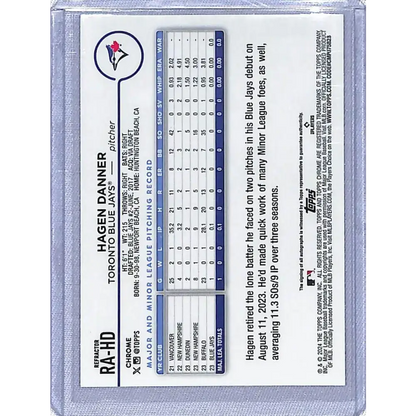 2024 Topps Chrome Rookie Autograph Refractor #RA-HD Hagen Danner NM-MT RC Rookie Auto 241/499 Toronto Blue Jays